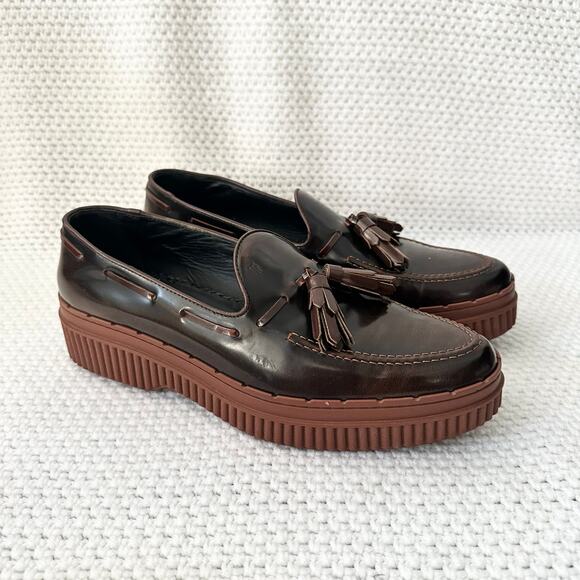 Tod's Two Tone Glossed Brown Black Almond Tassel Platform Creeper Loafers 41.5 - Picture 2 of 10